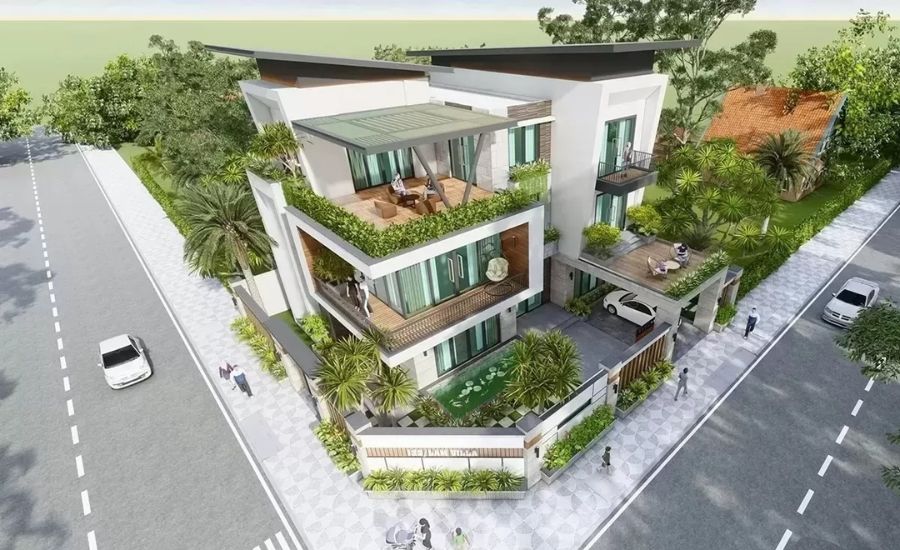 Mẫu nhà shophouse hiện đại kết hợp sân vườn