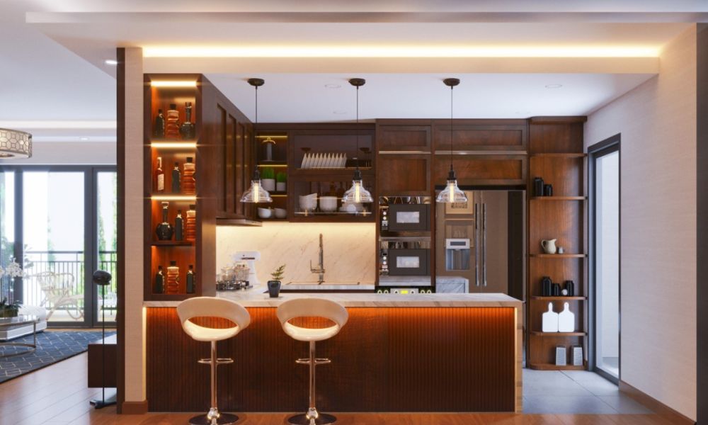 Tủ bếp và quầy ba được thiết kế công thái học